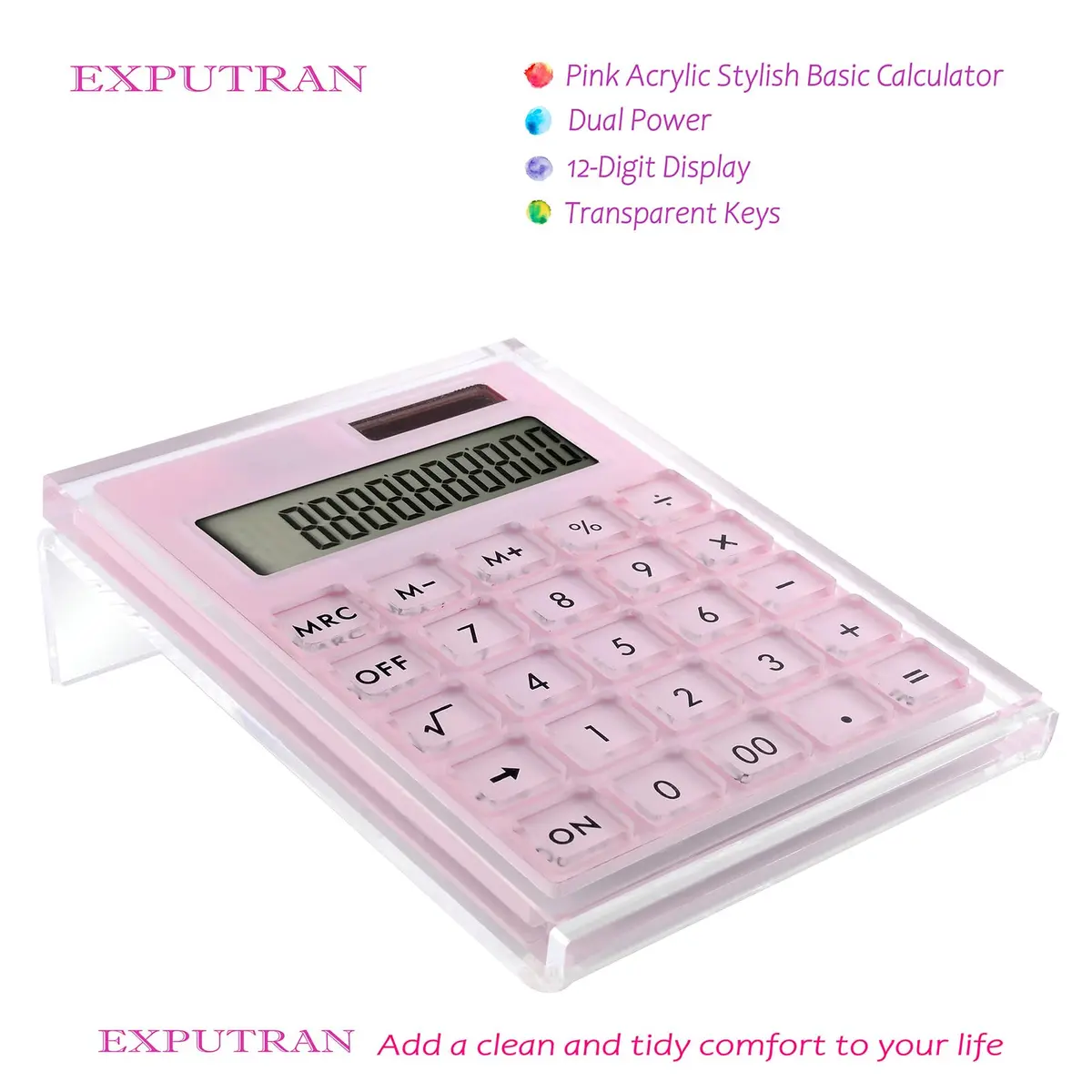 EXPUTRAN Acrylic Calculator with Stand, Pink | 12-Digit LCD Display, Solar & Battery Powered - view 2