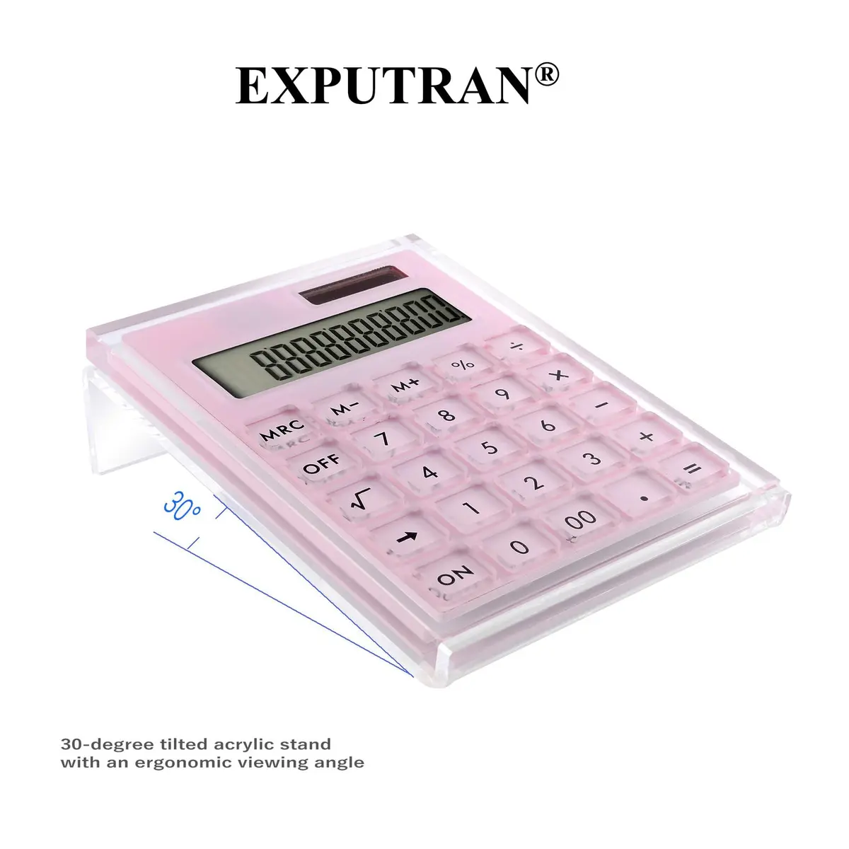 EXPUTRAN Acrylic Calculator with Stand, Pink | 12-Digit LCD Display, Solar & Battery Powered - view 4