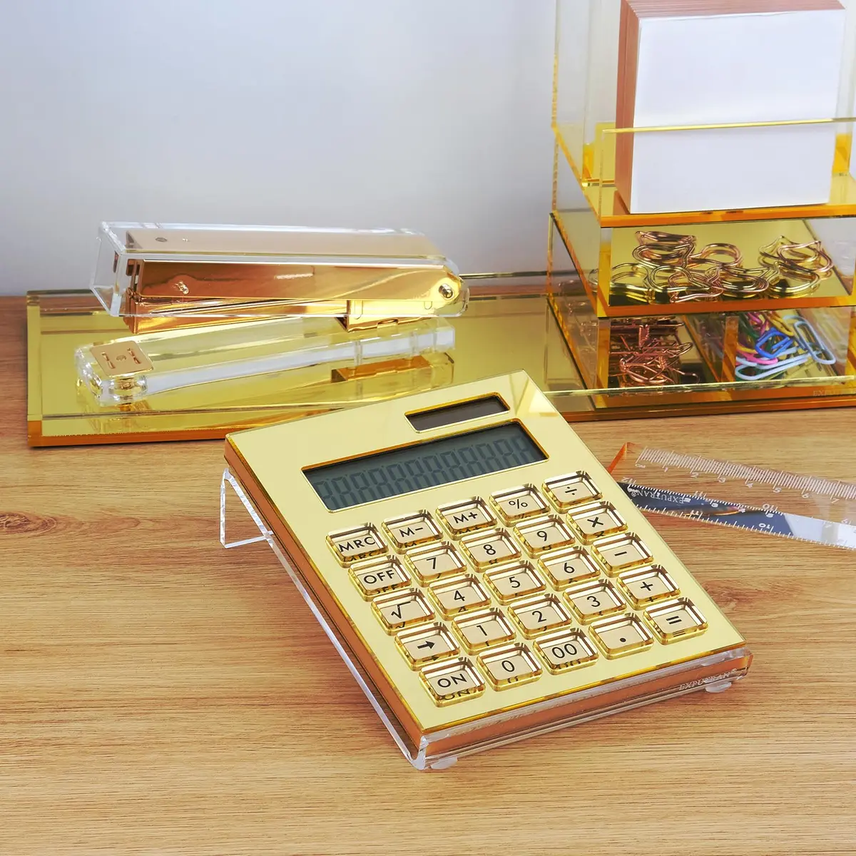 EXPUTRAN Acrylic Calculator with Stand, 12-Digit LCD Display, Solar & Battery Powered | Modern Gold Design - view 2