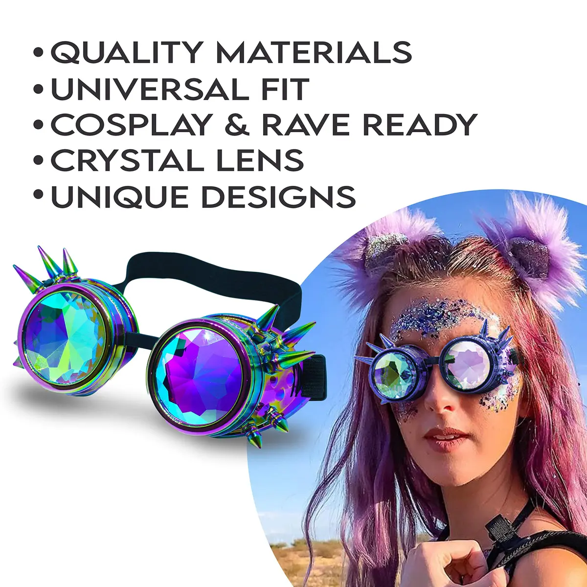 SoJourner Bags Steampunk Goggles - Trippy Rave Glasses for Cosplay & Festival | Rainbow Prism Effect (70-120 chars) - view 2