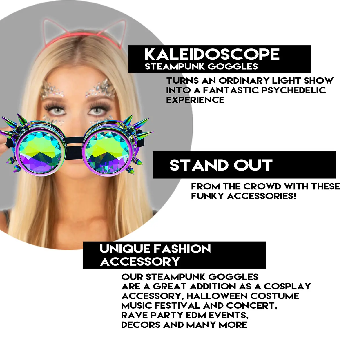 SoJourner Bags Steampunk Goggles - Trippy Rave Glasses for Cosplay & Festival | Rainbow Prism Effect (70-120 chars) - view 4