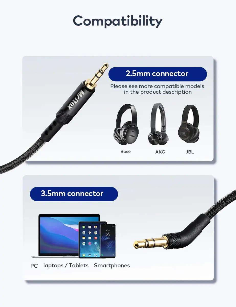 Mr Rex 2.5mm to 3.5mm Audio Cable 8ft (2.5m) | Nylon Braided Aux Cable for Bose QC Headphones & JBL Headsets - view 2