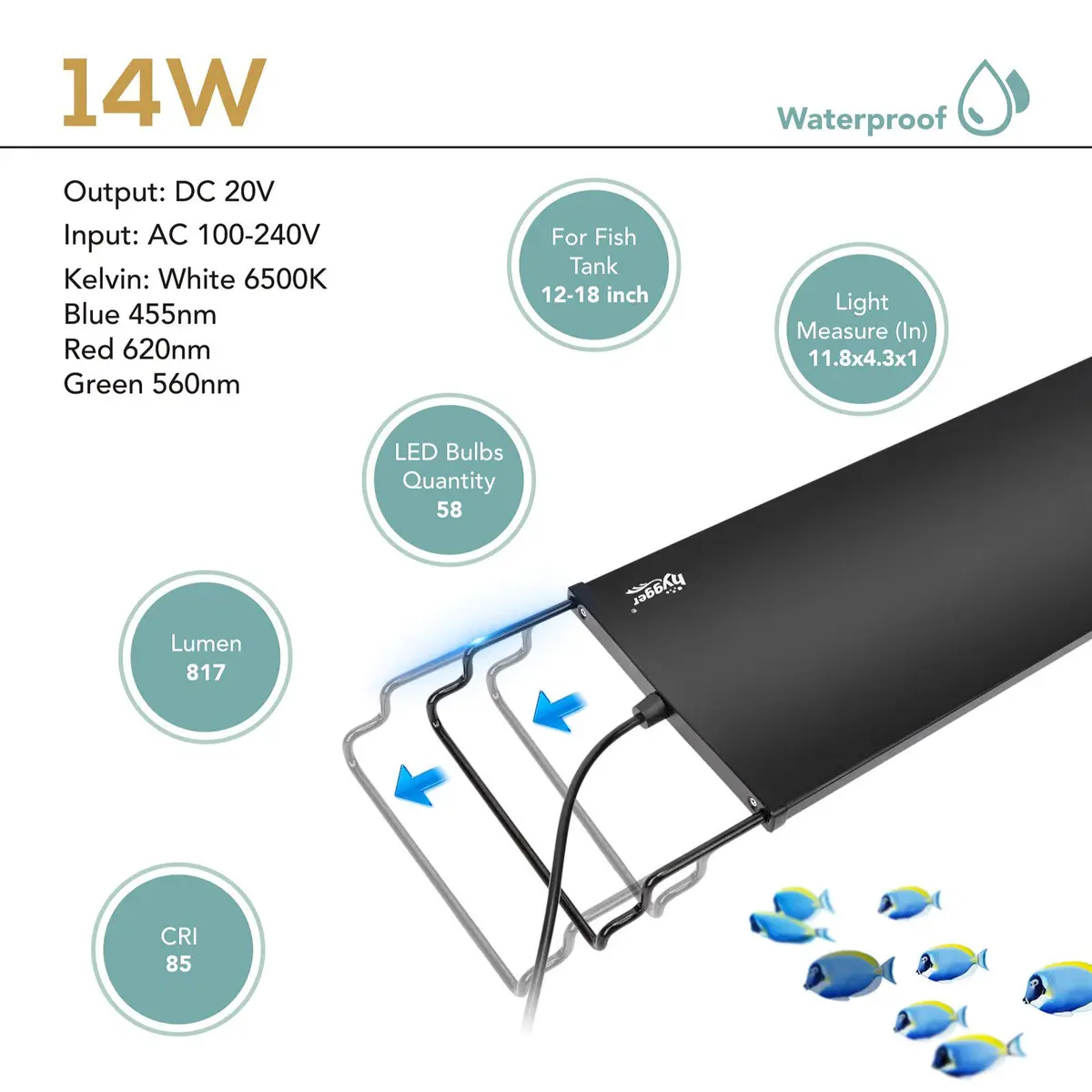 hygger Fish Aquarium LED Light, 14W 24/7 Sunrise-Daylight-Moonlight Mode, Adjustable Timer & Brightness, Extendable Bracket, 7 Colors for Planted Tank - view 5