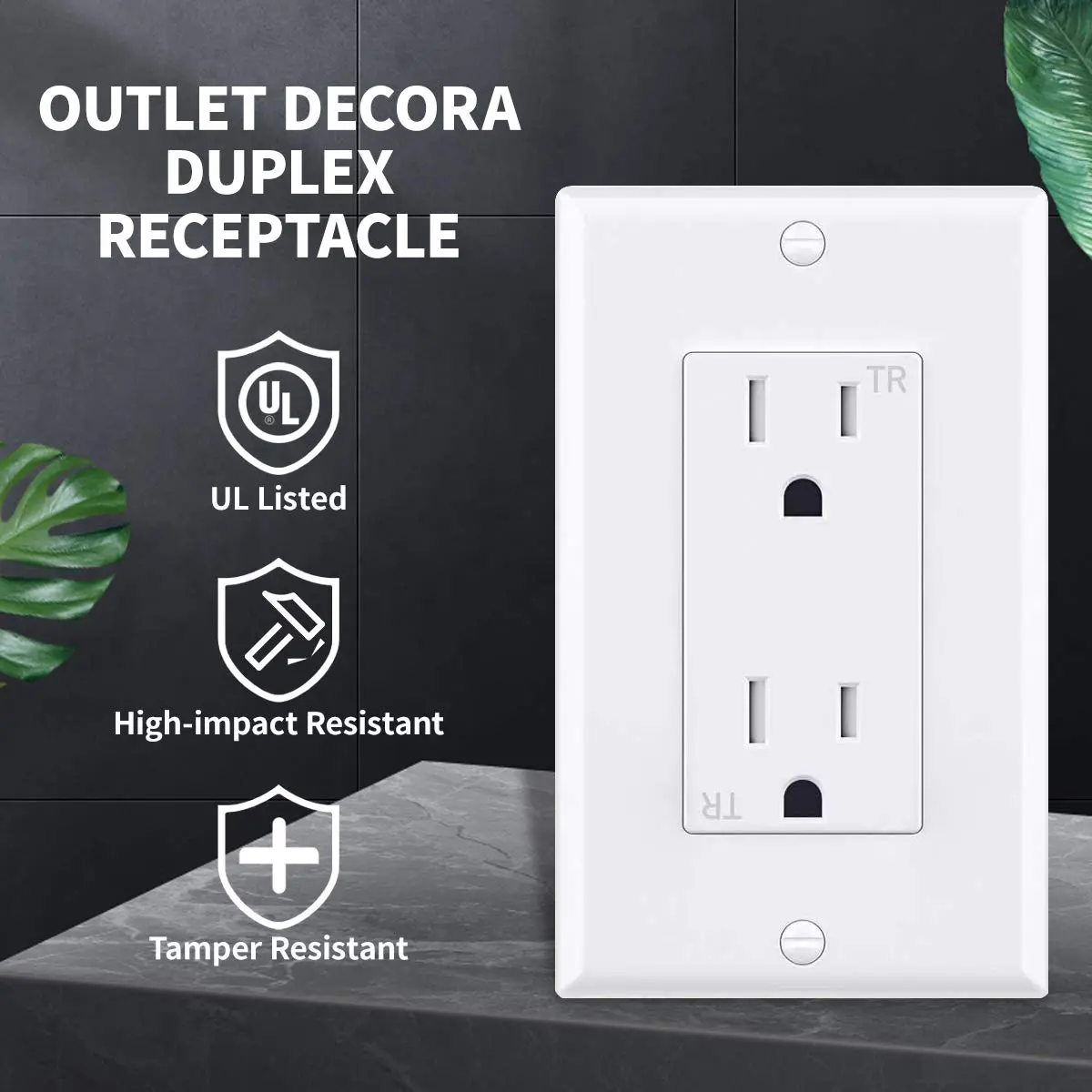 micmi 15A Decorator Receptacle Outlet | Tamper Resistant, Grounding, UL Listed, White - view 2