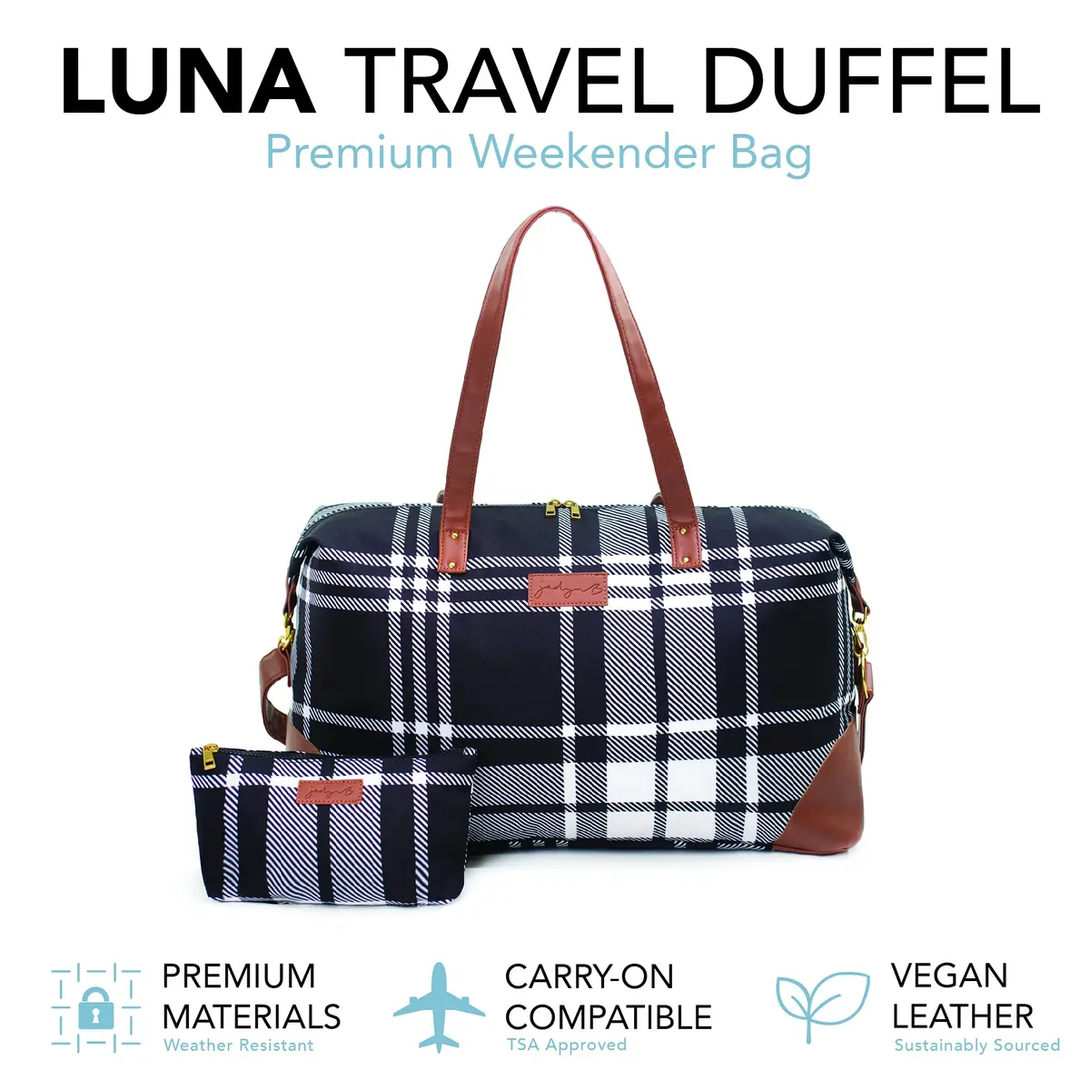 Jadyn Luna Women's Weekender Bag and Travel Duffel, Large 37 Liter Capacity (Plaid) | Durable Polyester & Vegan Leather - view 2