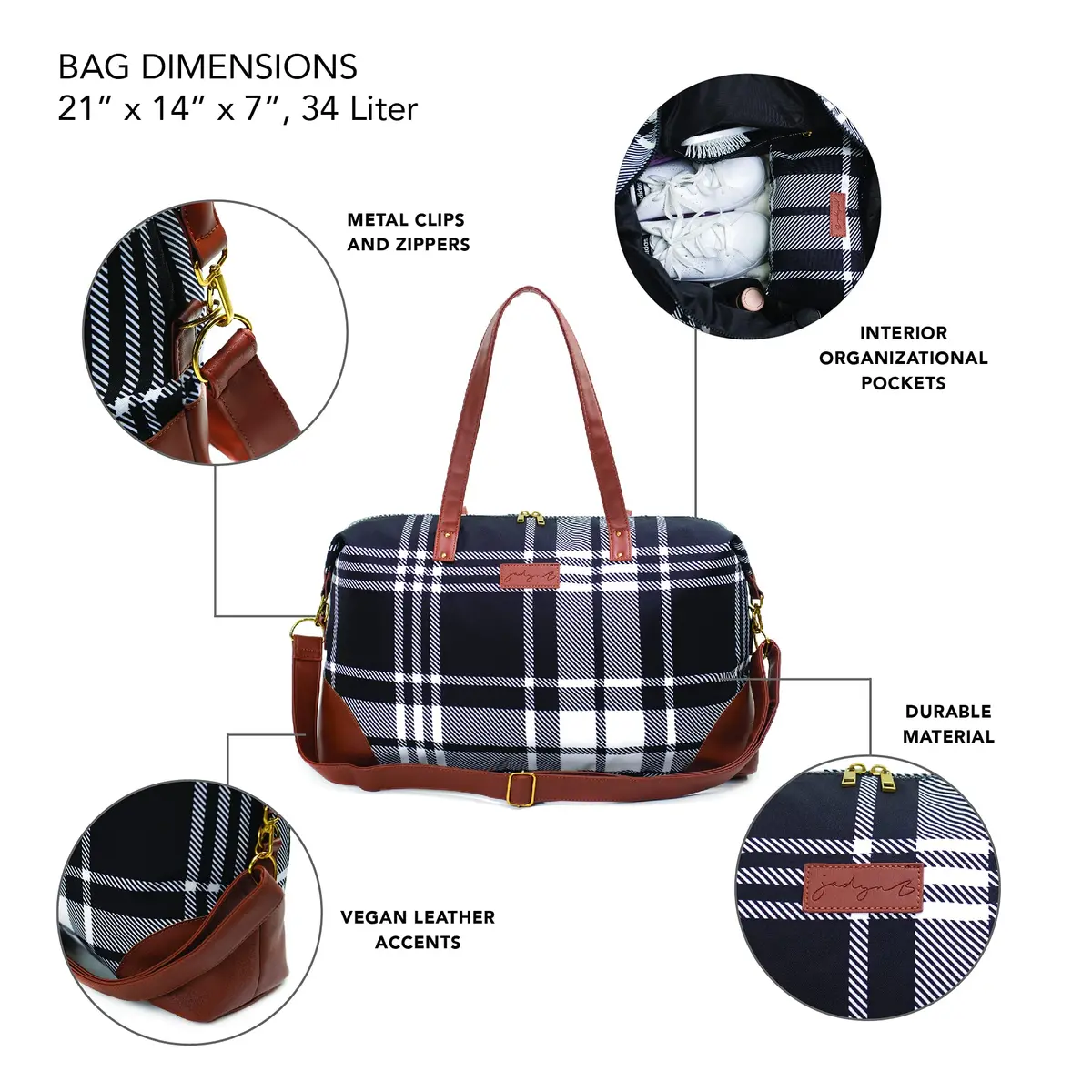 Jadyn Luna Women's Weekender Bag and Travel Duffel, Large 37 Liter Capacity (Plaid) | Durable Polyester & Vegan Leather - view 3