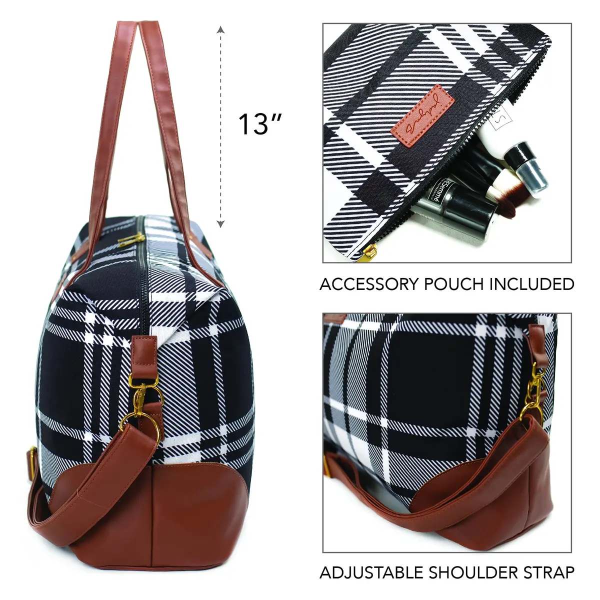 Jadyn Luna Women's Weekender Bag and Travel Duffel, Large 37 Liter Capacity (Plaid) | Durable Polyester & Vegan Leather - view 4
