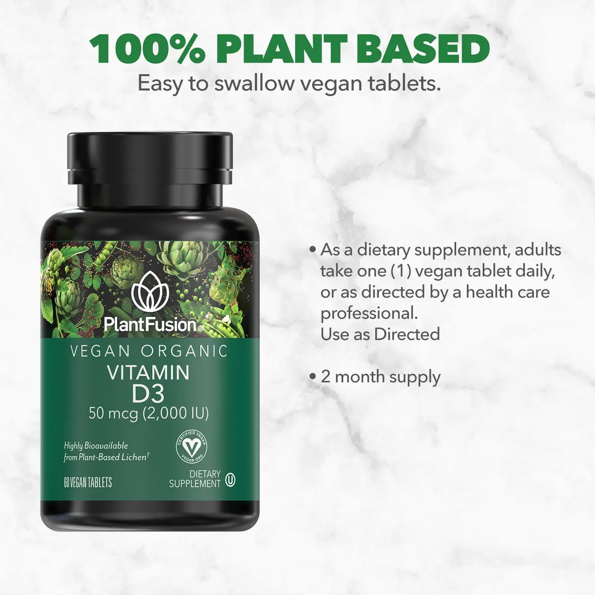 PlantFusion Vegan Vitamin D3 2000IU | Organic Plant-Based Supplement for Immunity & Bone Health - view 2