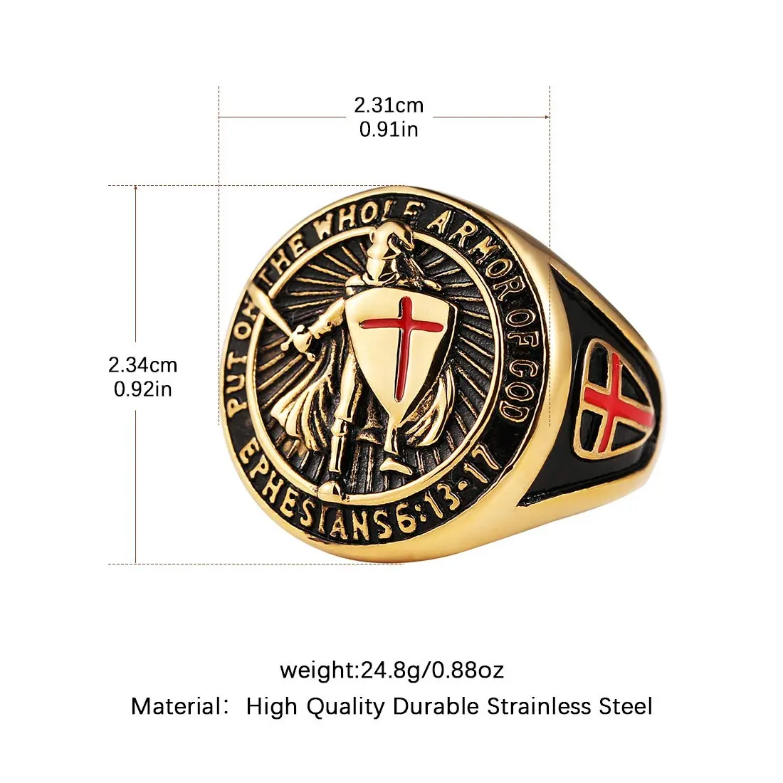HZMAN Knights Templar Stainless Steel Ring for Men, Size 8 Gold | Faith Symbol - view 2