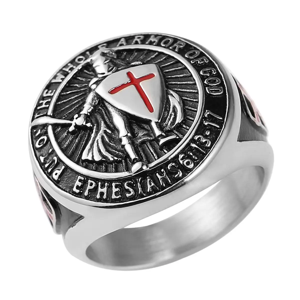 HZMAN Knights Templar Stainless Steel Ring with Red Cross Design for Men | Size 13 (US) - main product image