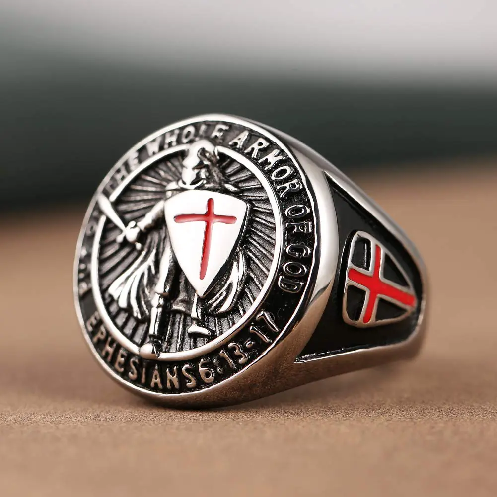 HZMAN Knights Templar Stainless Steel Ring with Red Cross Design for Men | Size 13 (US) - view 5
