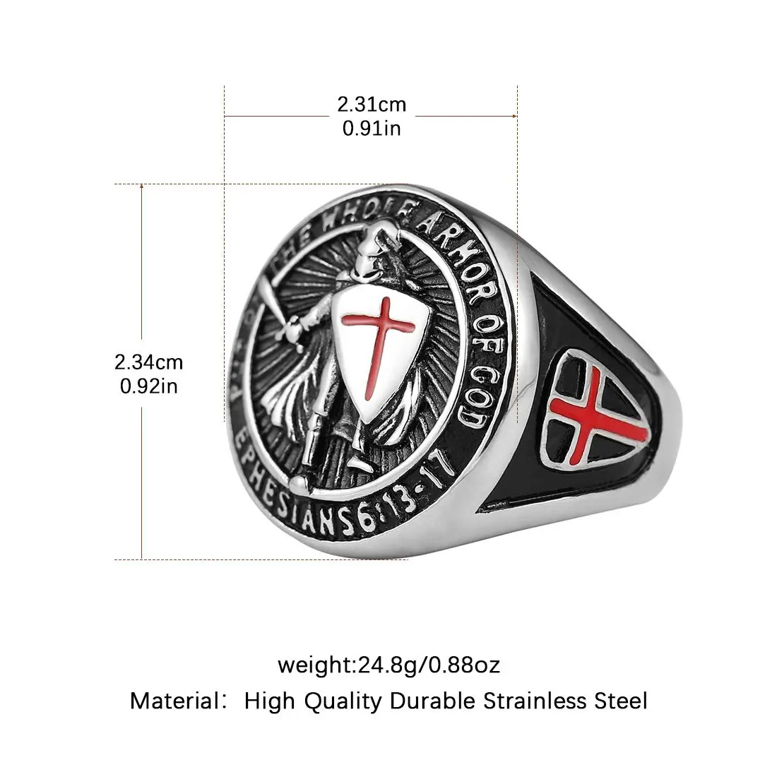 HZMAN Knights Templar Stainless Steel Ring with Red Cross Design for Men | Size 13 (US) - view 2