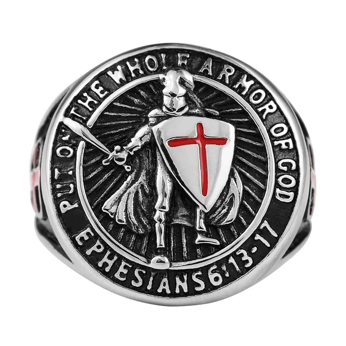 HZMAN Knights Templar Stainless Steel Ring with Red Cross Design, Size 7 | Faith and Strength Statement - view 3