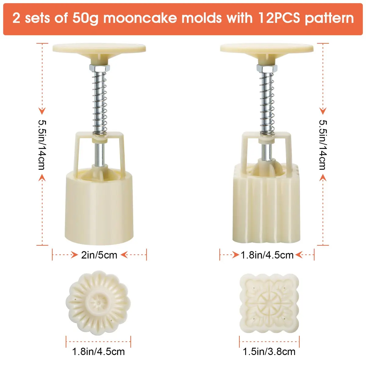 Luxiv 50g Mooncake Mold Set, 12 Patterns Round & Square | Food-Grade Stainless Steel & Plastic - view 2