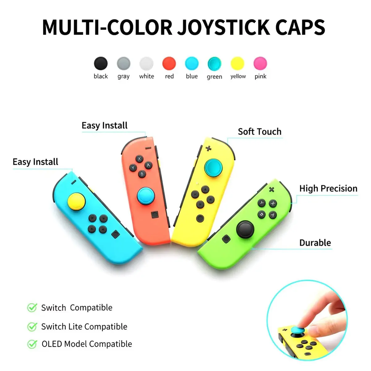Ferkurn Joystick Controller Replacement Thumb Grip Caps for Nintendo Switch OLED & Lite (8 Pcs, Black) | Enhance Gaming Grip - view 3