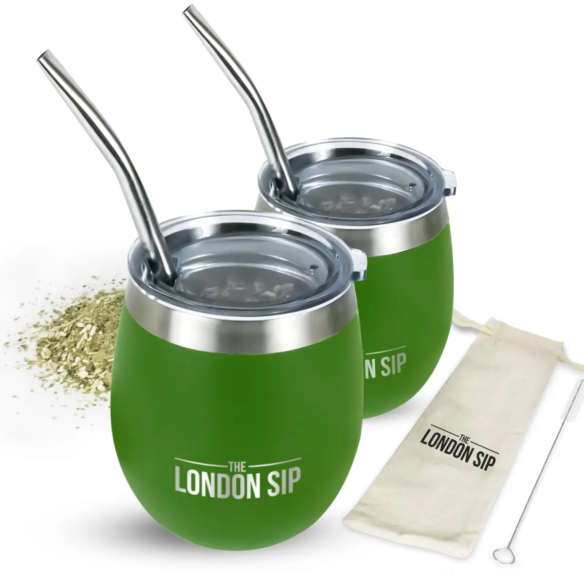 The London Sip Yerba Mate Cup & Bombilla Set, 8 oz, Stainless Steel, Modern Design, Spill-Resistant Lids, 2 Gourds, Straws, Brush, Pouch, Green - main product image