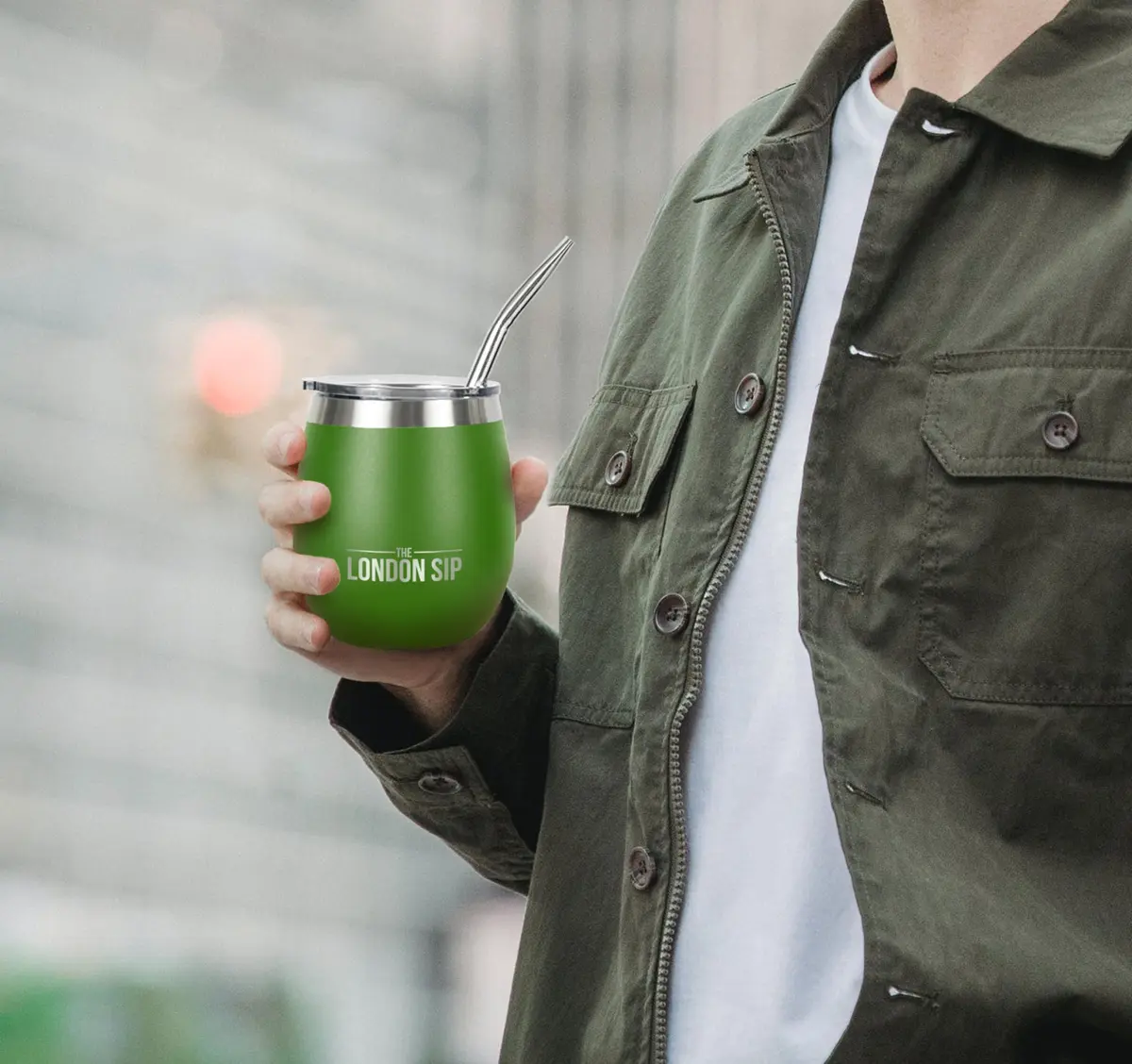 The London Sip Yerba Mate Cup & Bombilla Set, 8 oz, Stainless Steel, Modern Design, Spill-Resistant Lids, 2 Gourds, Straws, Brush, Pouch, Green - view 5