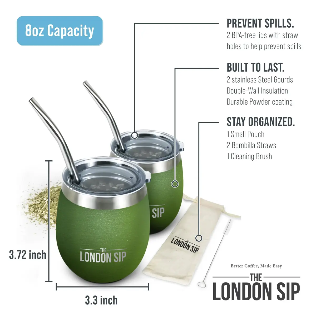 The London Sip Yerba Mate Cup & Bombilla Set, 8 oz, Stainless Steel, Modern Design, Spill-Resistant Lids, 2 Gourds, Straws, Brush, Pouch, Green - view 6