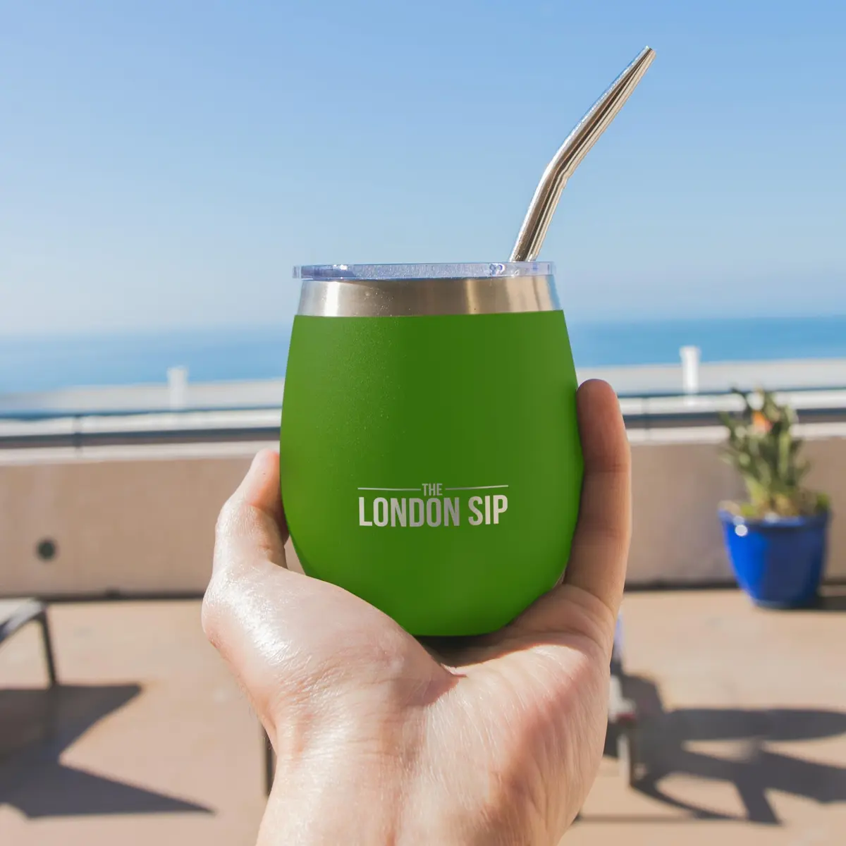 The London Sip Yerba Mate Cup & Bombilla Set, 8 oz, Stainless Steel, Modern Design, Spill-Resistant Lids, 2 Gourds, Straws, Brush, Pouch, Green - view 7