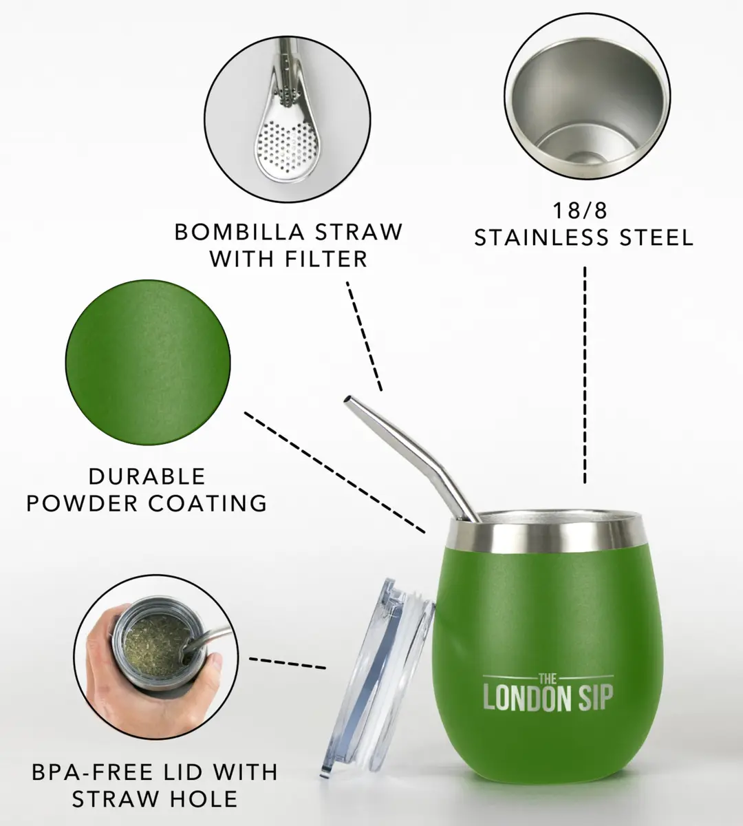 The London Sip Yerba Mate Cup & Bombilla Set, 8 oz, Stainless Steel, Modern Design, Spill-Resistant Lids, 2 Gourds, Straws, Brush, Pouch, Green - view 3