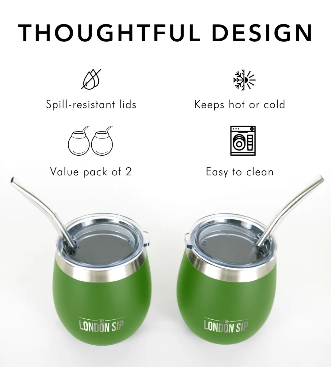 The London Sip Yerba Mate Cup & Bombilla Set, 8 oz, Stainless Steel, Modern Design, Spill-Resistant Lids, 2 Gourds, Straws, Brush, Pouch, Green - view 4
