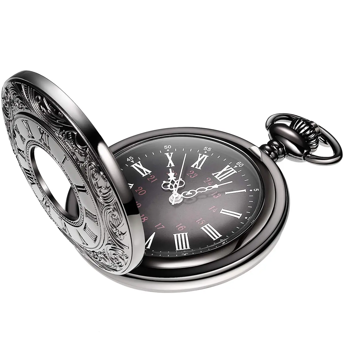 Hicarer Silver Watch Vintage Pocket Watch with Chain | Classic Roman Numerals, 4.6cm Diameter, 37cm Chain - main product image