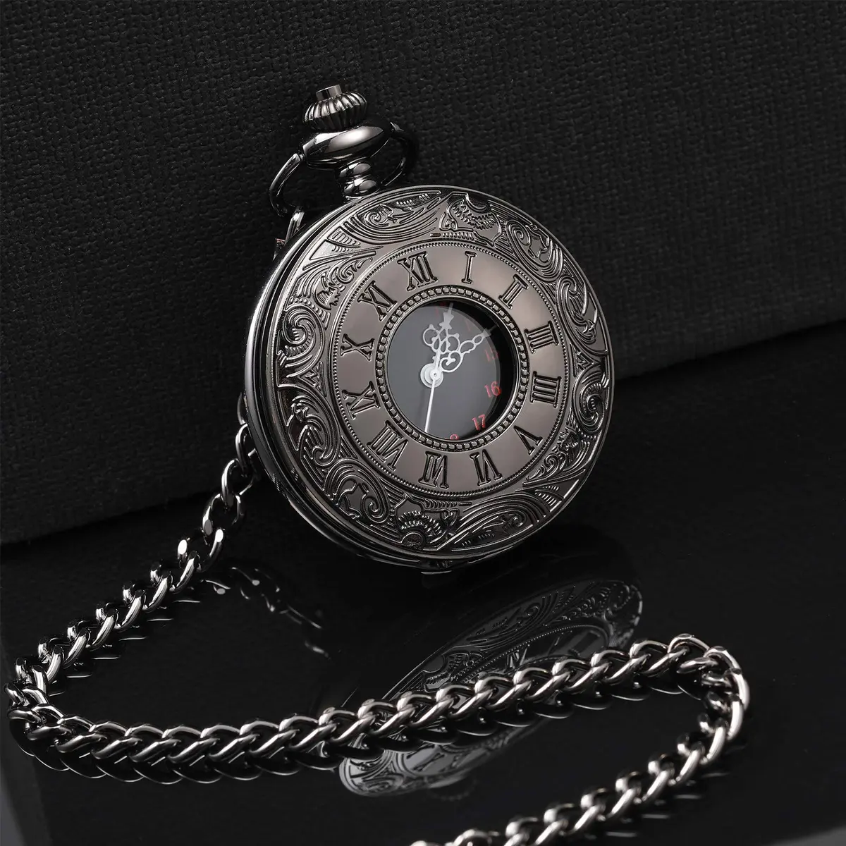 Hicarer Silver Watch Vintage Pocket Watch with Chain | Classic Roman Numerals, 4.6cm Diameter, 37cm Chain - view 2