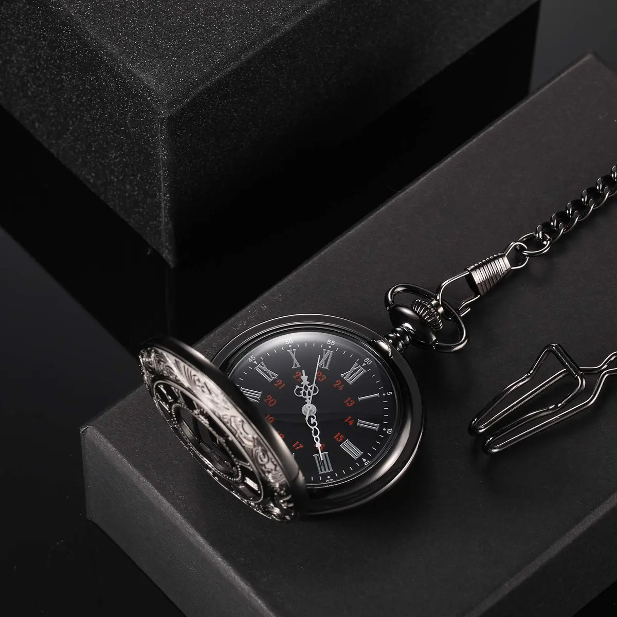 Hicarer Silver Watch Vintage Pocket Watch with Chain | Classic Roman Numerals, 4.6cm Diameter, 37cm Chain - view 3
