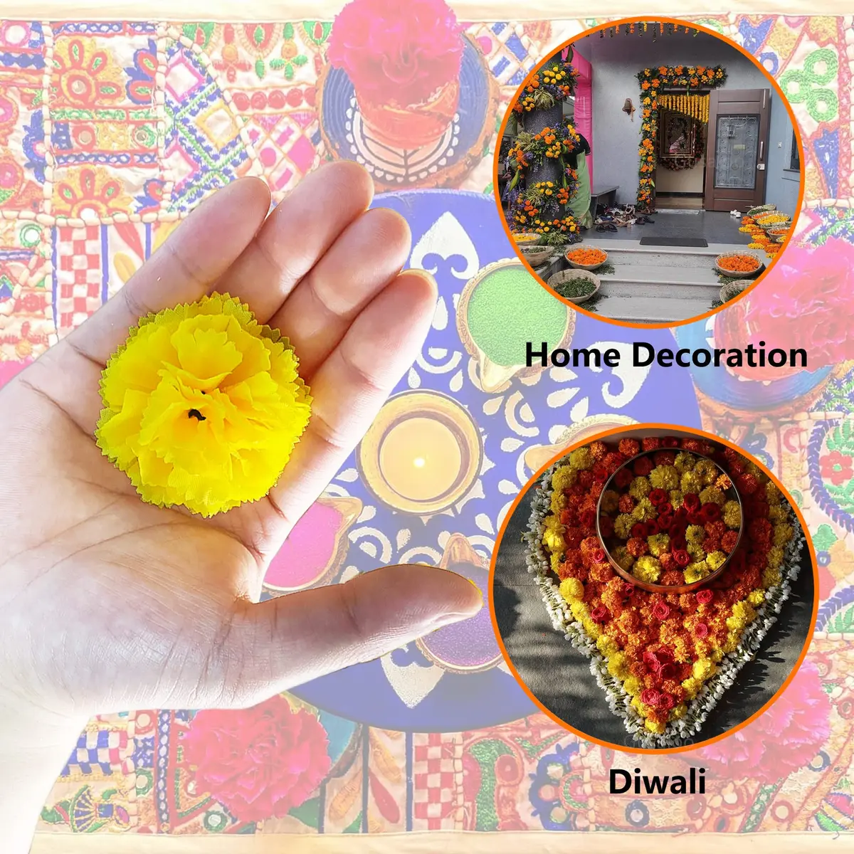 Gusaloo Yellow Marigold Flower Heads 50Pcs (5-6cm) | Bulk Artificial Flowers for Indian Festivals & Crafts - view 7