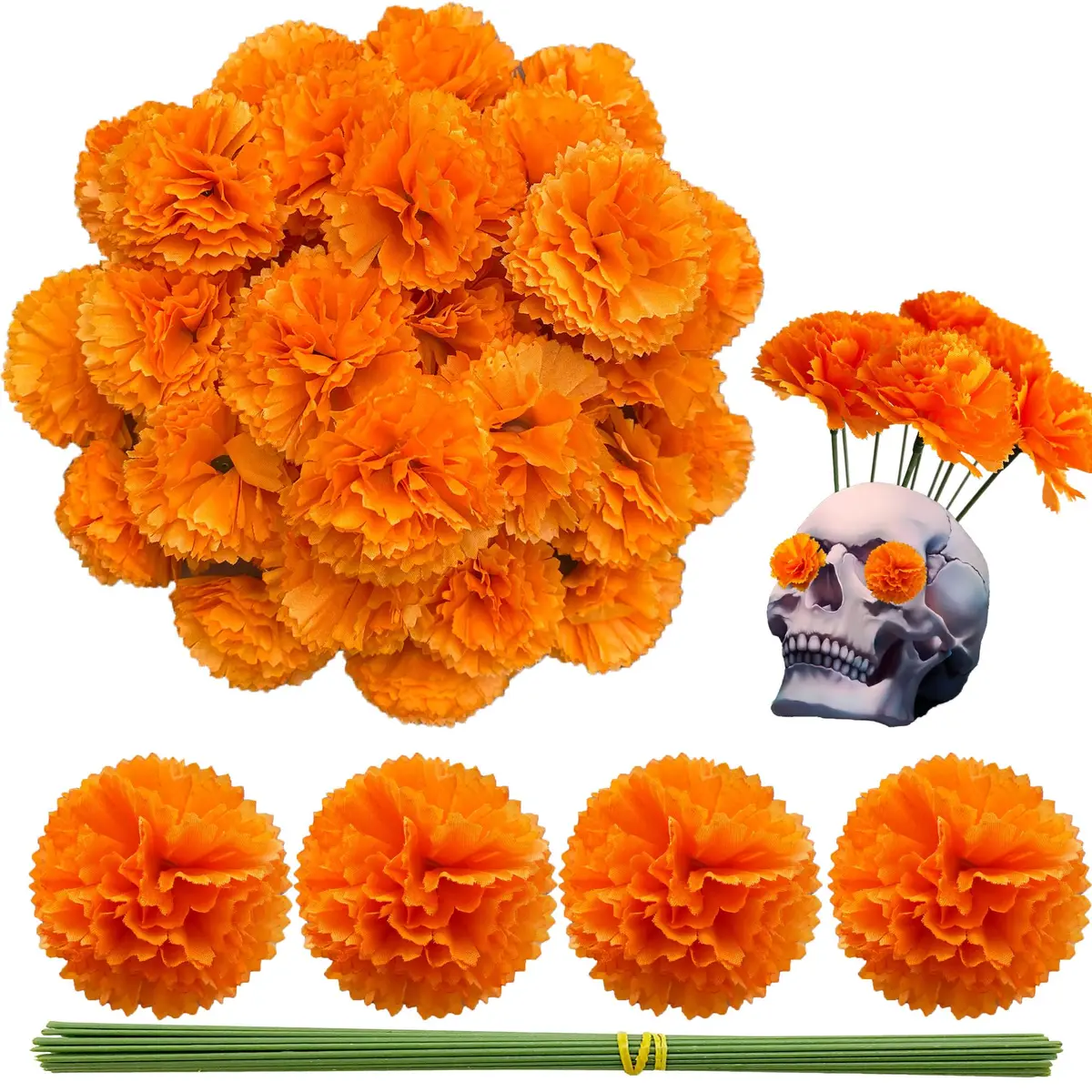 Gusaloo 50Pcs Orange Marigold Flower Heads 5-6cm | Realistic Silk & Plastic Craft Flowers for Indian Festivals & Decor - main product image