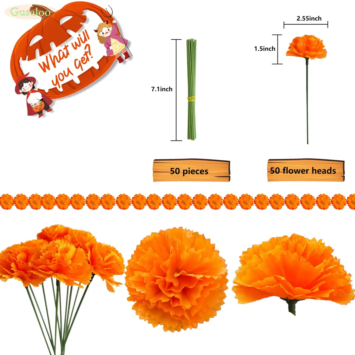Gusaloo 50Pcs Orange Marigold Flower Heads 5-6cm | Realistic Silk & Plastic Craft Flowers for Indian Festivals & Decor - view 2