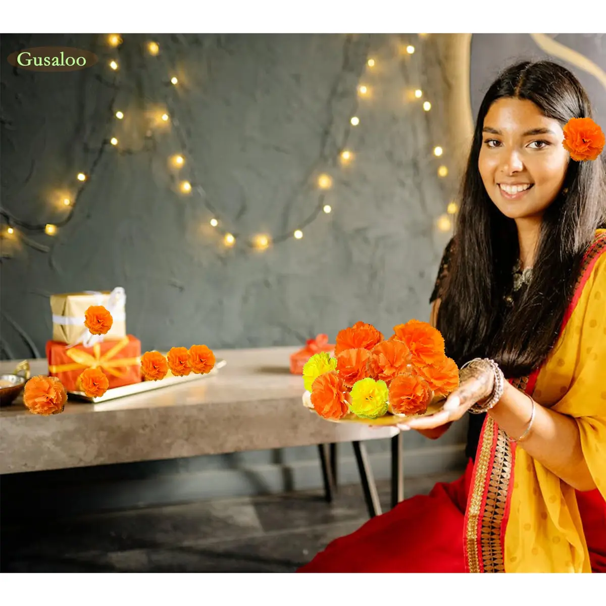 Gusaloo 50Pcs Orange Marigold Flower Heads 5-6cm | Realistic Silk & Plastic Craft Flowers for Indian Festivals & Decor - view 3