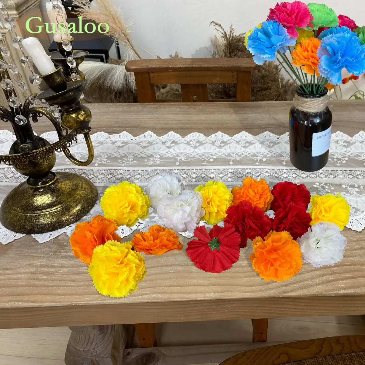 Gusaloo Red Marigold Flower Heads Bulk 50Pcs, Silk Artificial Flowers 5-6cm | Realistic Style for Diwali Home Decor - view 5