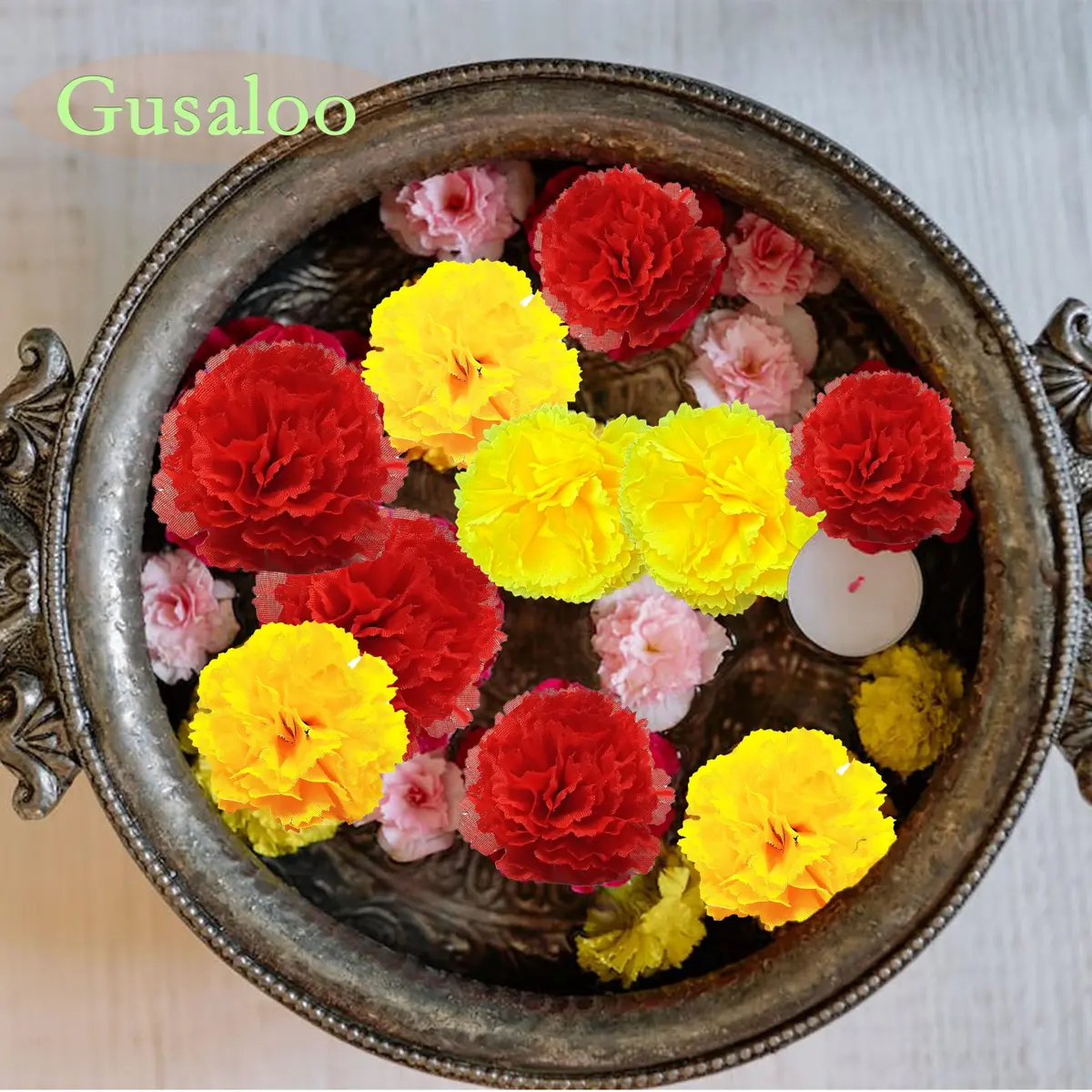 Gusaloo Red Marigold Flower Heads Bulk 50Pcs, Silk Artificial Flowers 5-6cm | Realistic Style for Diwali Home Decor - view 4