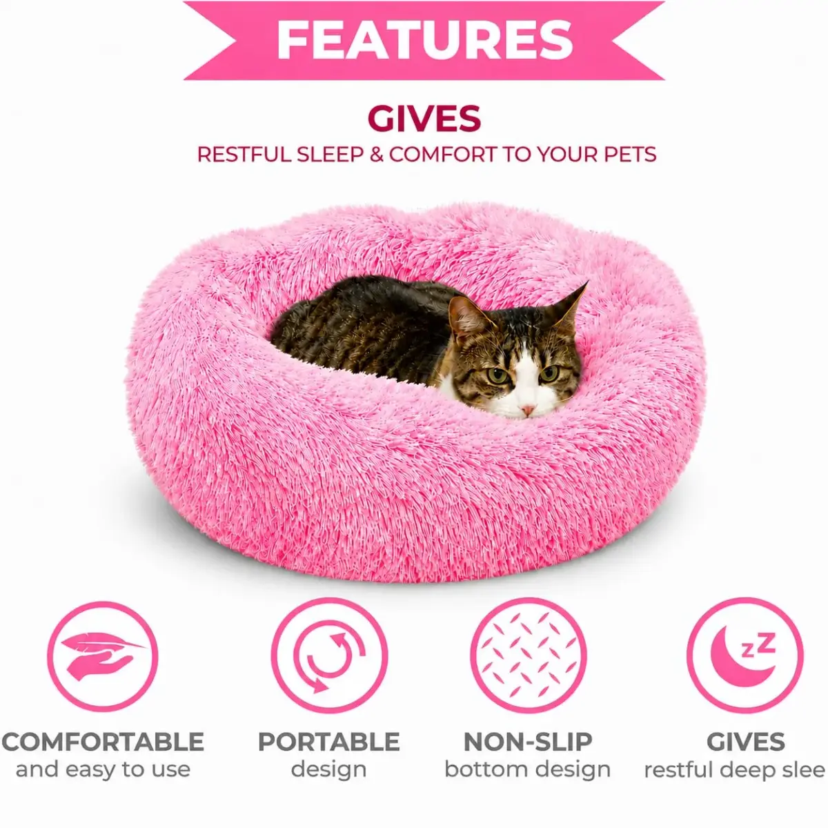 Whiskers & Friends Pink Gradient Donut Cat & Small Dog Bed 58cm (23" x 23" x 7") | Cozy Orthopedic Support for Anxiety Relief - view 3