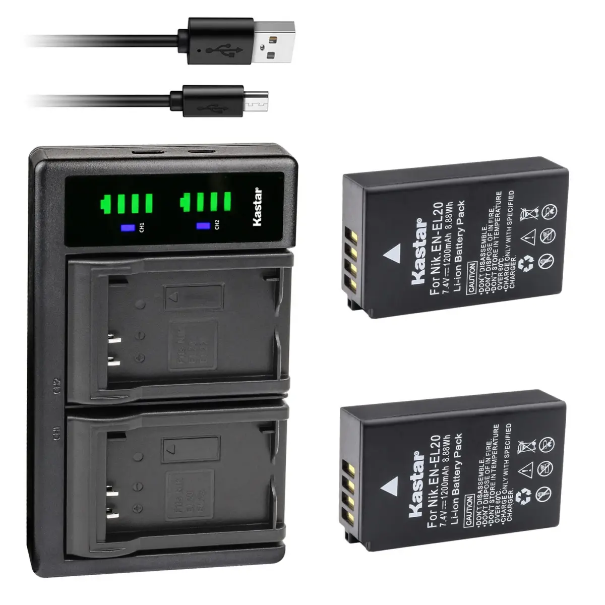 Kastar Dual USB Charger & 2x EN-EL20a Batteries for Nikon P950, P1000, A, 1 J1, 1 V3 Cameras | 7.4V 1200mAh Li-ion - main product image