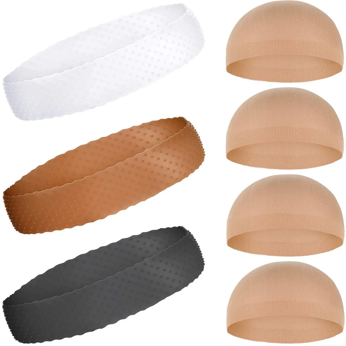 WILLBOND Silicone Wig Grip Headband & Nylon Wig Caps | Non Slip, Breathable, Reusable (6 pcs, Transparent, Dark Brown, Black) - main product image
