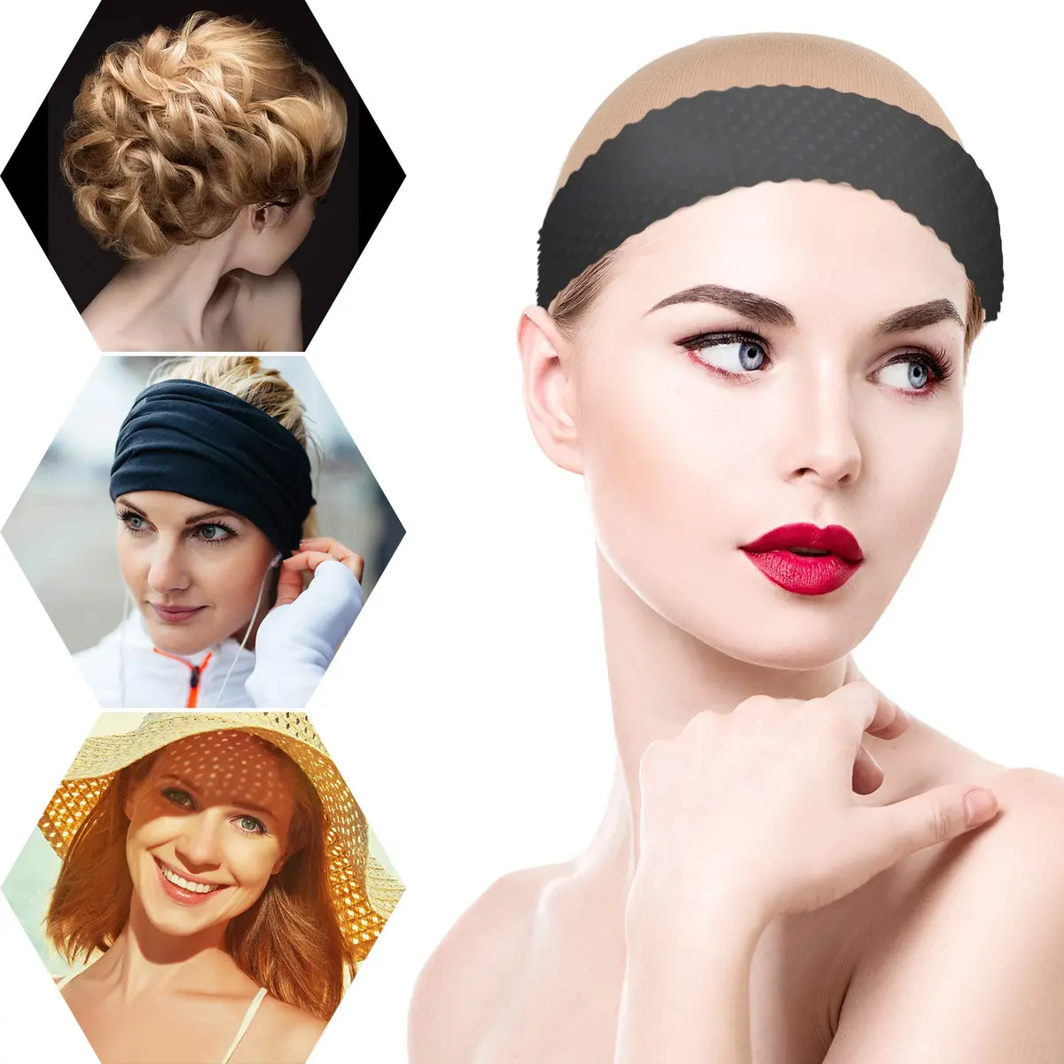 WILLBOND Silicone Wig Grip Headband & Nylon Wig Caps | Non Slip, Breathable, Reusable (6 pcs, Transparent, Dark Brown, Black) - view 6