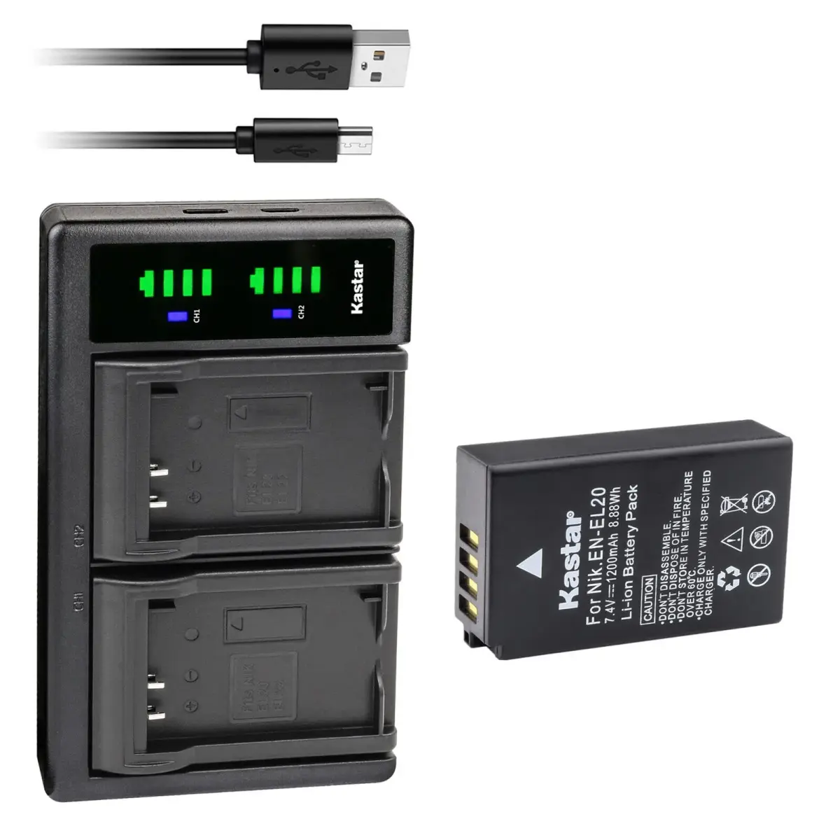 Kastar EN-EL20a Battery & LTD2 USB Charger Kit for Nikon P950, P1000, A, 1 Series Cameras | 1200mAh, 7.4V - main product image