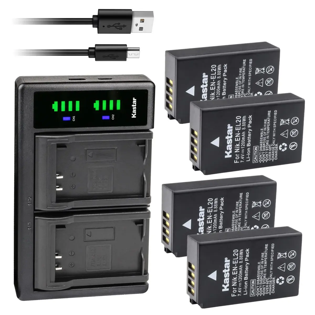 Kastar 4-Pack EN-EL20a Batteries & LTD2 USB Charger for Nikon P950, P1000, A, 1 Series Cameras | 7.4V, 1200mAh - main product image