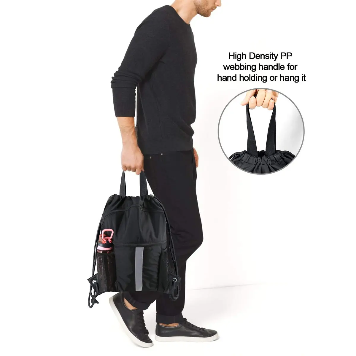 BeeGreen X-Large Black Drawstring Backpack with Shoe Compartment | Durable Oxford Fabric Gym Sackpack - view 5