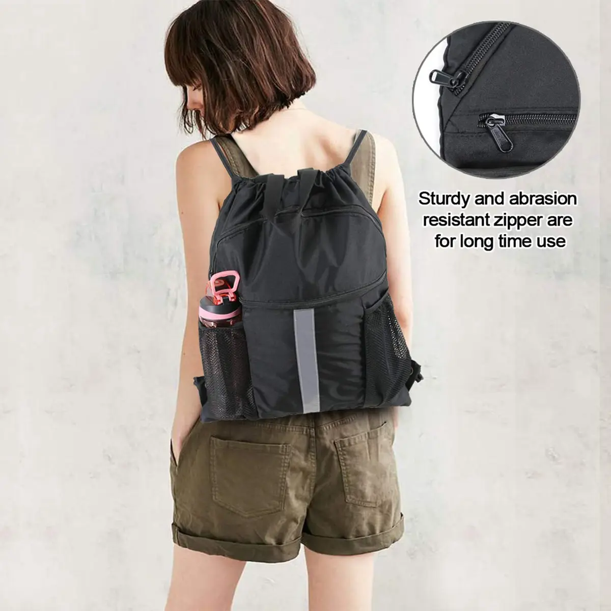 BeeGreen X-Large Black Drawstring Backpack with Shoe Compartment | Durable Oxford Fabric Gym Sackpack - view 6