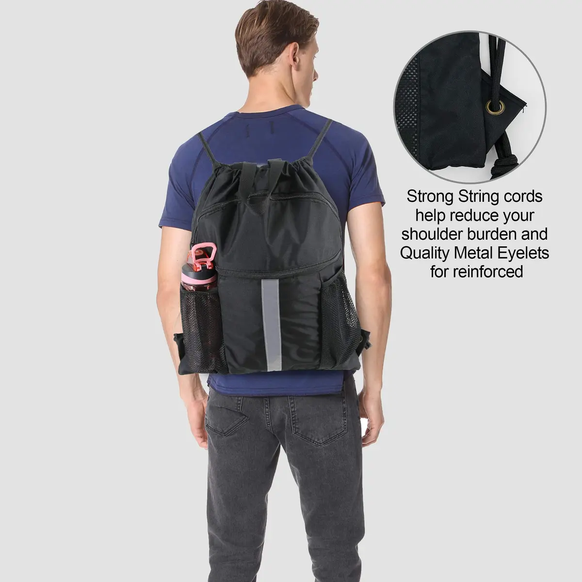 BeeGreen X-Large Black Drawstring Backpack with Shoe Compartment | Durable Oxford Fabric Gym Sackpack - view 7