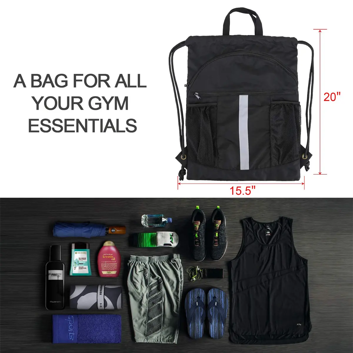 BeeGreen X-Large Black Drawstring Backpack with Shoe Compartment | Durable Oxford Fabric Gym Sackpack - view 2