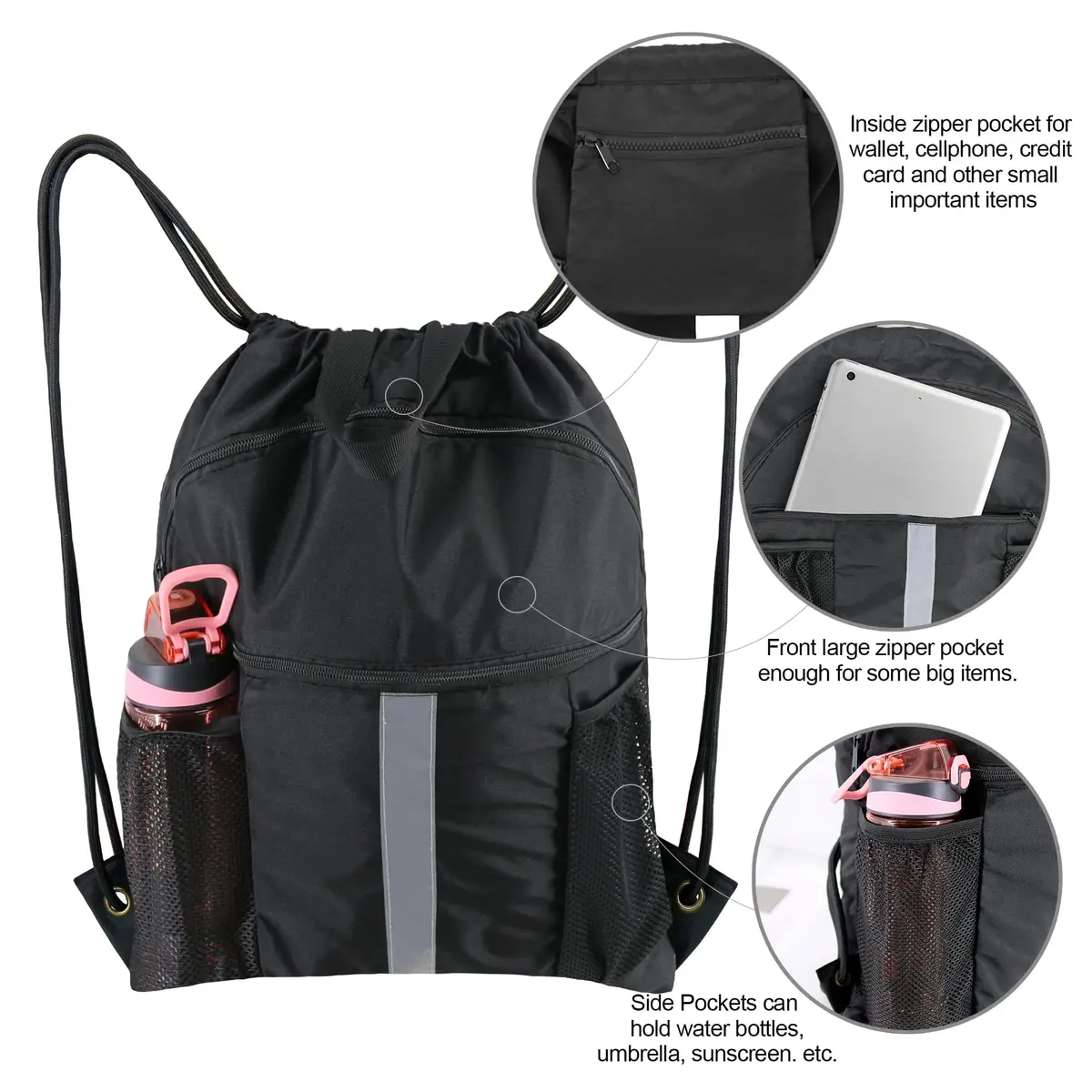 BeeGreen X-Large Black Drawstring Backpack with Shoe Compartment | Durable Oxford Fabric Gym Sackpack - view 4