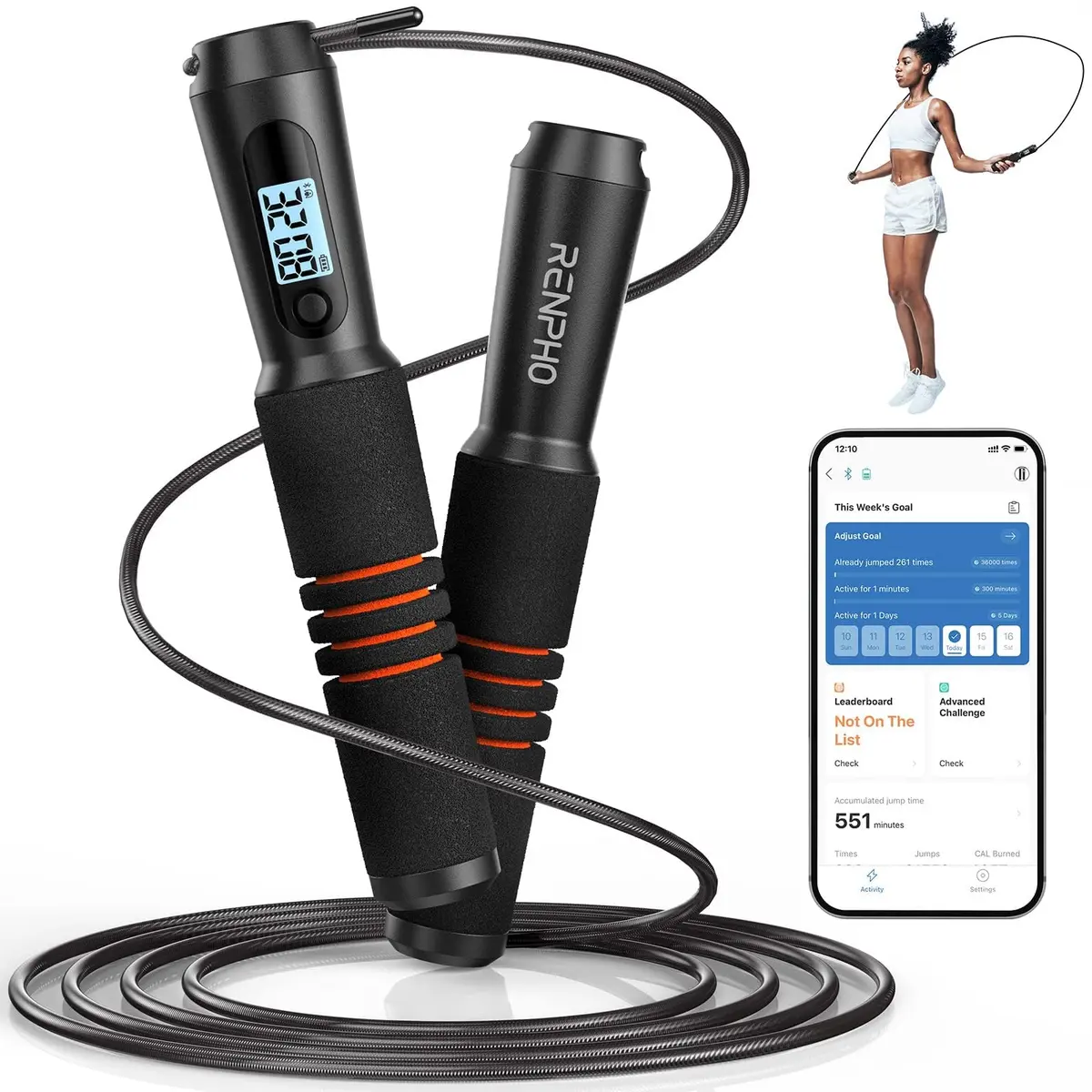 RENPHO Smart Jump Rope with Counter | App Data Tracking, LCD Display, Adjustable Length - main product image