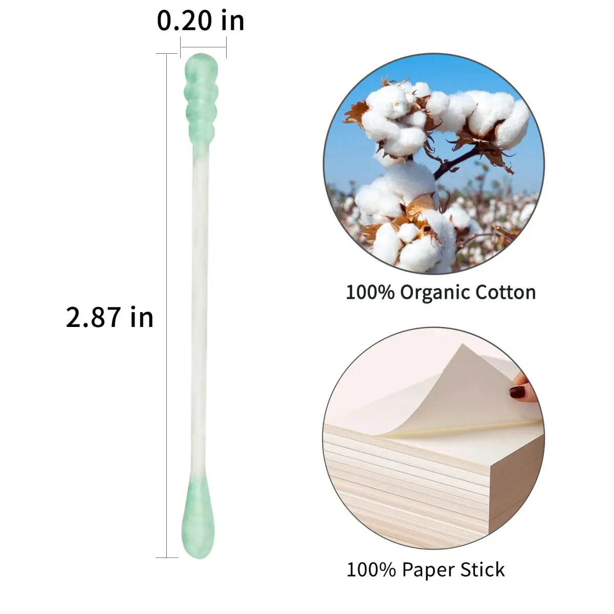 HOMEFOX Green Cotton Swabs Spiral - 200 Count | Organic Cotton Buds with Paper Stick - view 3