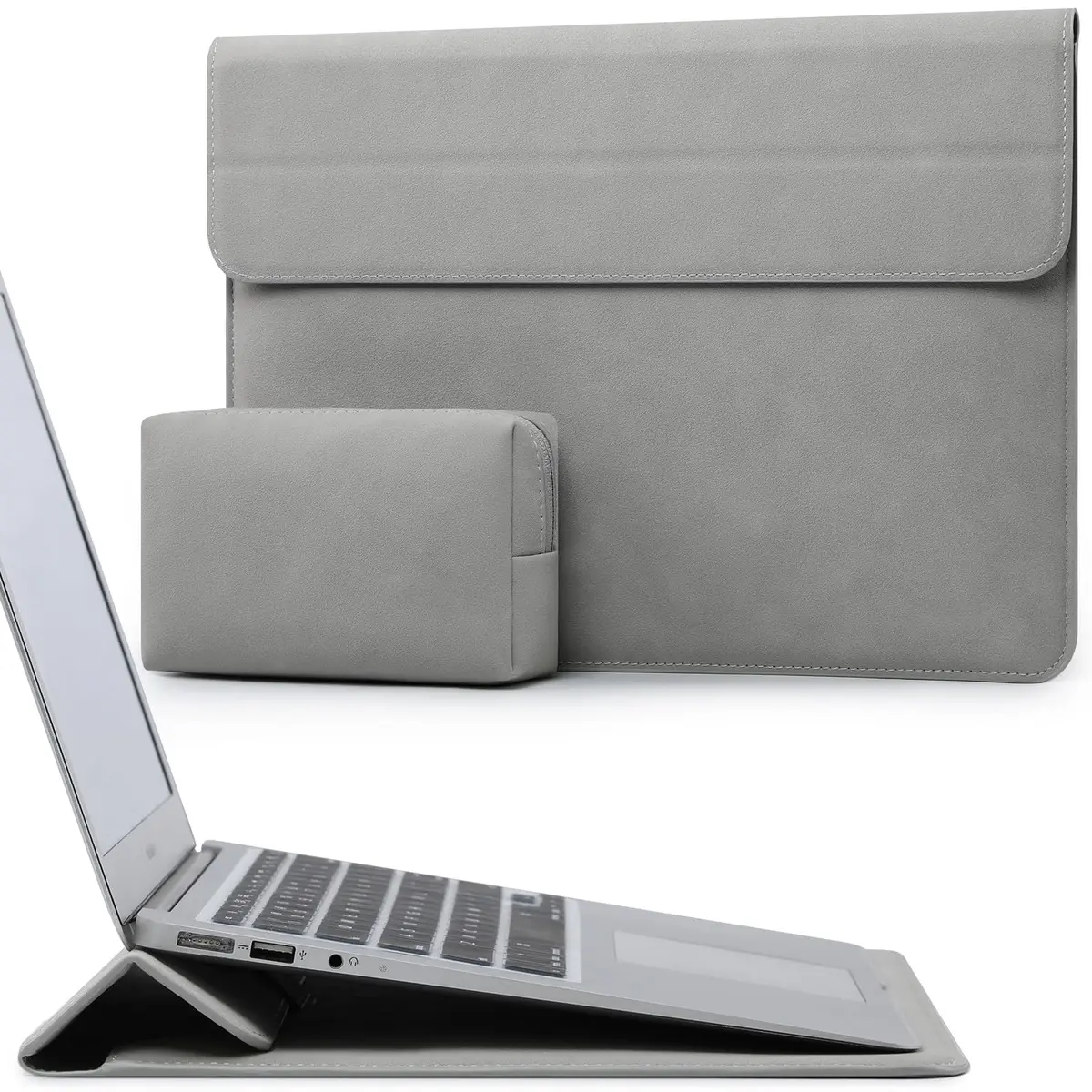 HYZUO 13.3-14 Inch Laptop Case Sleeve with Stand Feature, Light Gray | Water-Resistant Faux Leather - main product image