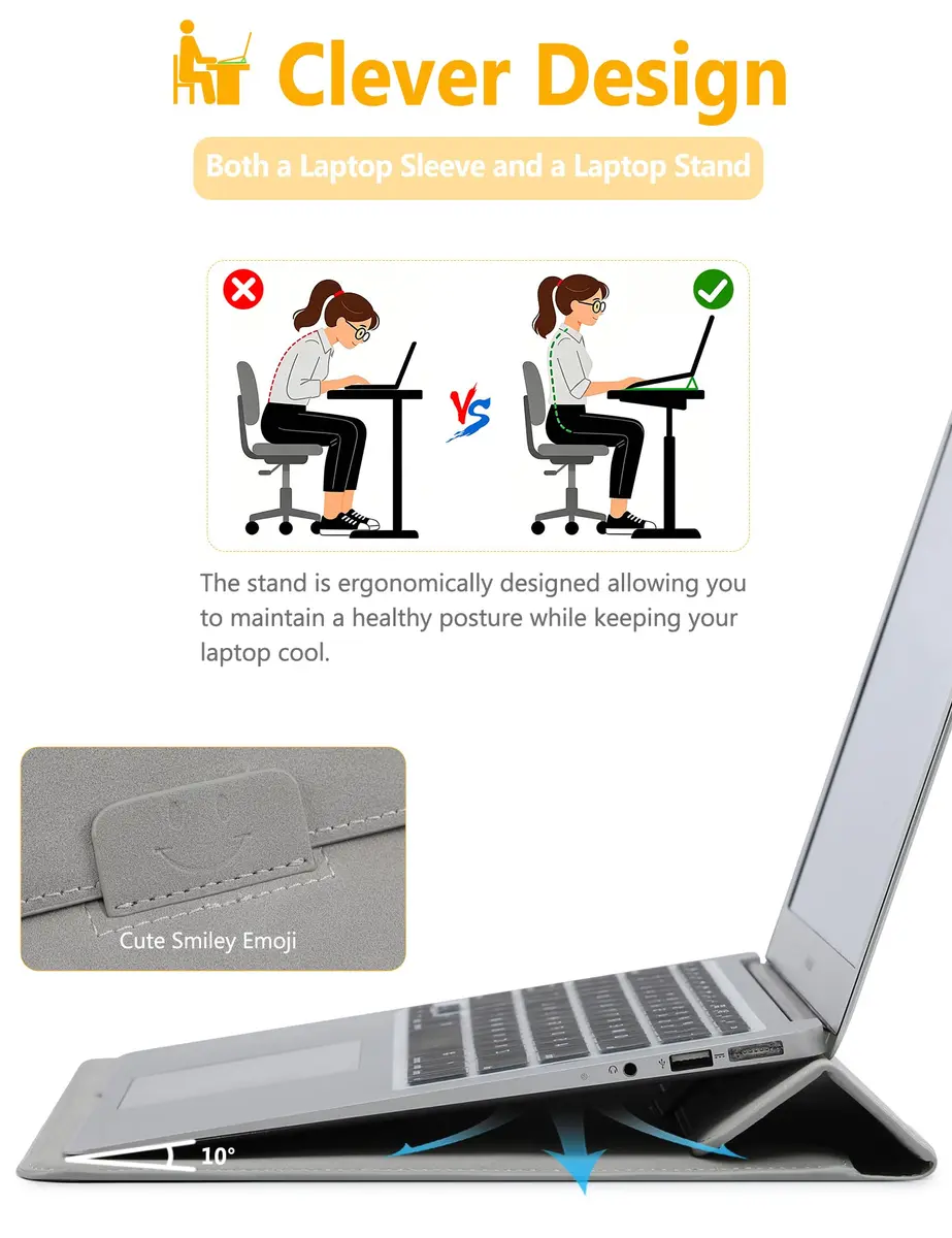 HYZUO 13.3-14 Inch Laptop Case Sleeve with Stand Feature, Light Gray | Water-Resistant Faux Leather - view 2