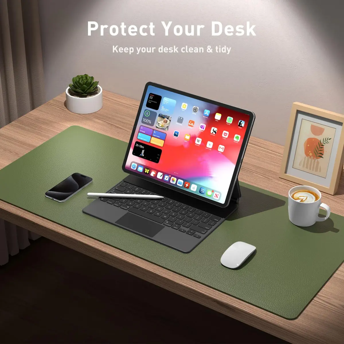 Aothia Olive Green Leather Desk Pad Protector, 36" x 17" | Protects Your Desk from Scratches, Stains, and Spills - view 3